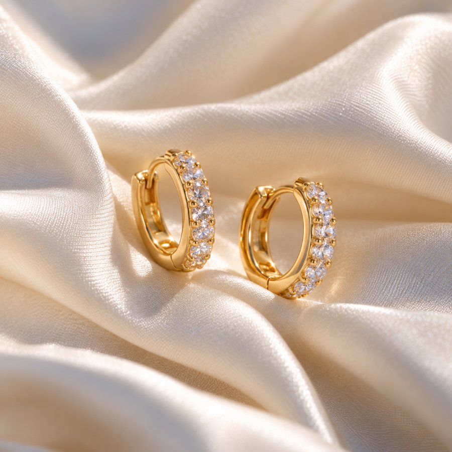Gold huggie earrings on silk